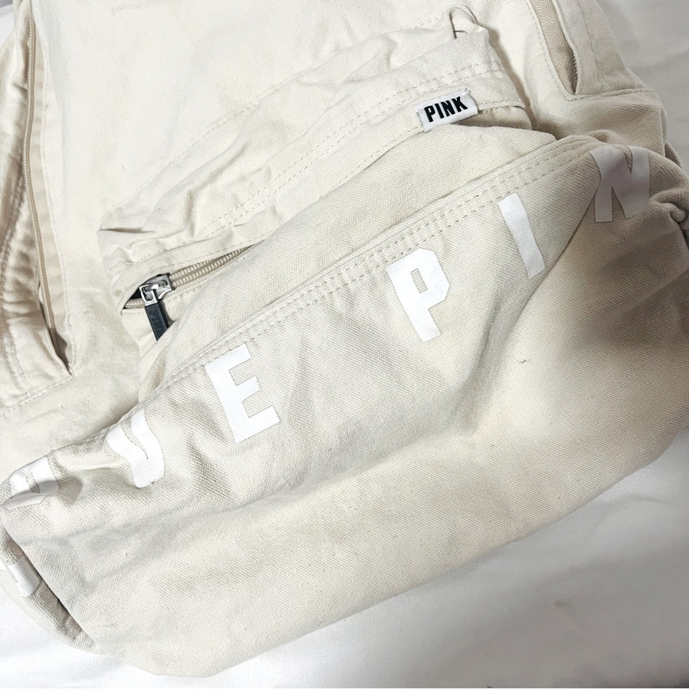 Victoria's Secret “LOVE PINK” Bottom Logo Beige/White Full Size Backpack Canvas - Picture 6 of 8